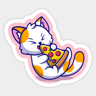 Cute Cat Eating Pizza Cartoon Sticker